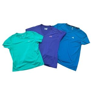 Bundle of 3 Workout Tops Adidas Under Armour L Short Sleeve Gym V Neck Blue